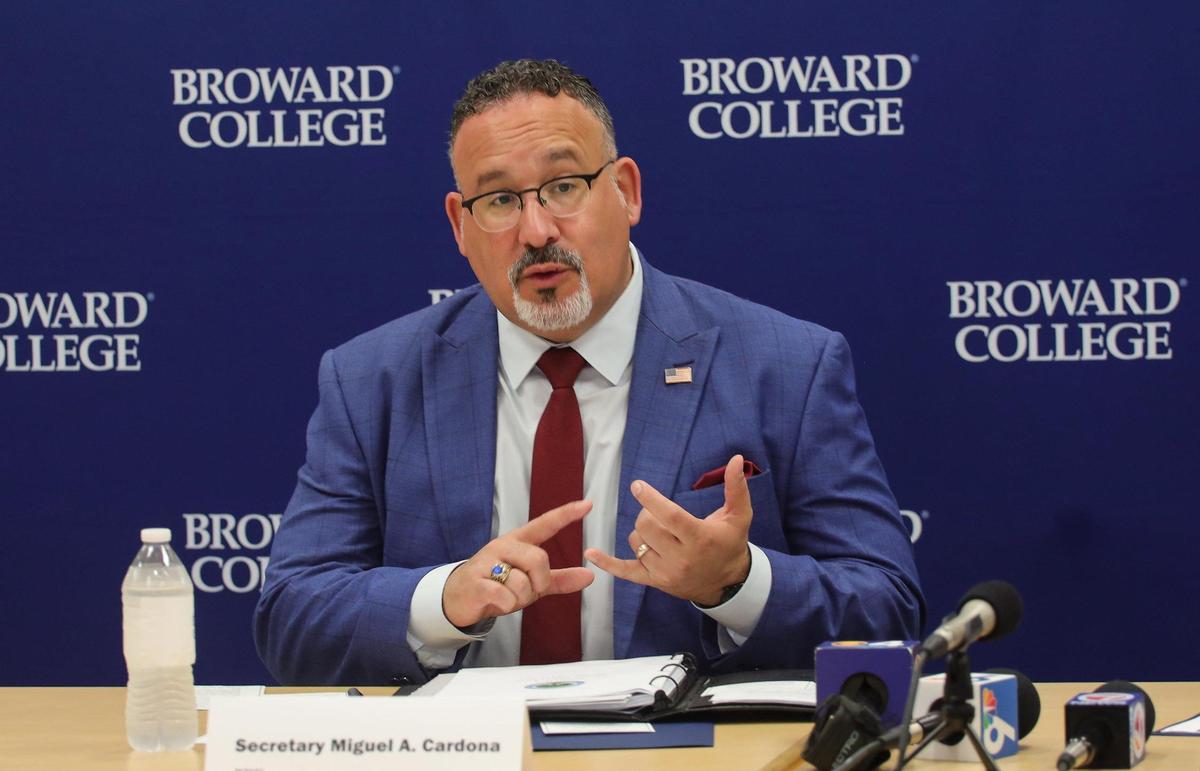 U.S. Secretary of Education Miguel Cardona gives his remarks during a roundtable discussion with students from Broward College’s Broward Up job retraining program during his visit to Cypress Bay High School in Weston on Monday, April 4, 2022.