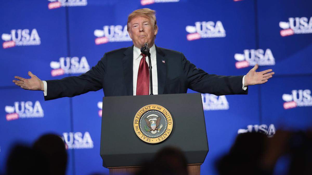 President Donald Trump speaks to guests during a groundbreaking ceremony for the $10 billion Foxconn factory complex on June 28, 2018 in Mt. Pleasant, Wisconsin. Meanwhile, he was the topic of much conversation in Florida during a debate between the Republican gubernatorial contenders, Adam Putnam and Ron DeSantis.