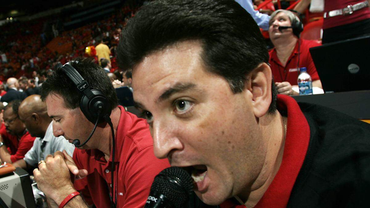Michael Baiamonte, "the voice of the Heat", announces the Miami Heat team to the crowd during player introductions of the Heat's playoff game against Washington at then-AmericanAirlines Arena in 2005.