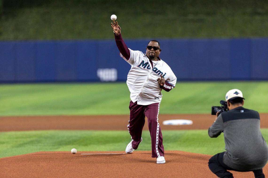 Actor Martin Lawrence throws out the first pitch before the first inning of an MLB game against the Tampa Rays at LoanDepot Park on Wednesday, June 5, 2024, in Miami, Fla. The actors were promoting their new film, Miami-based&nbsp;'Bad Boys: Ride or Die.'
