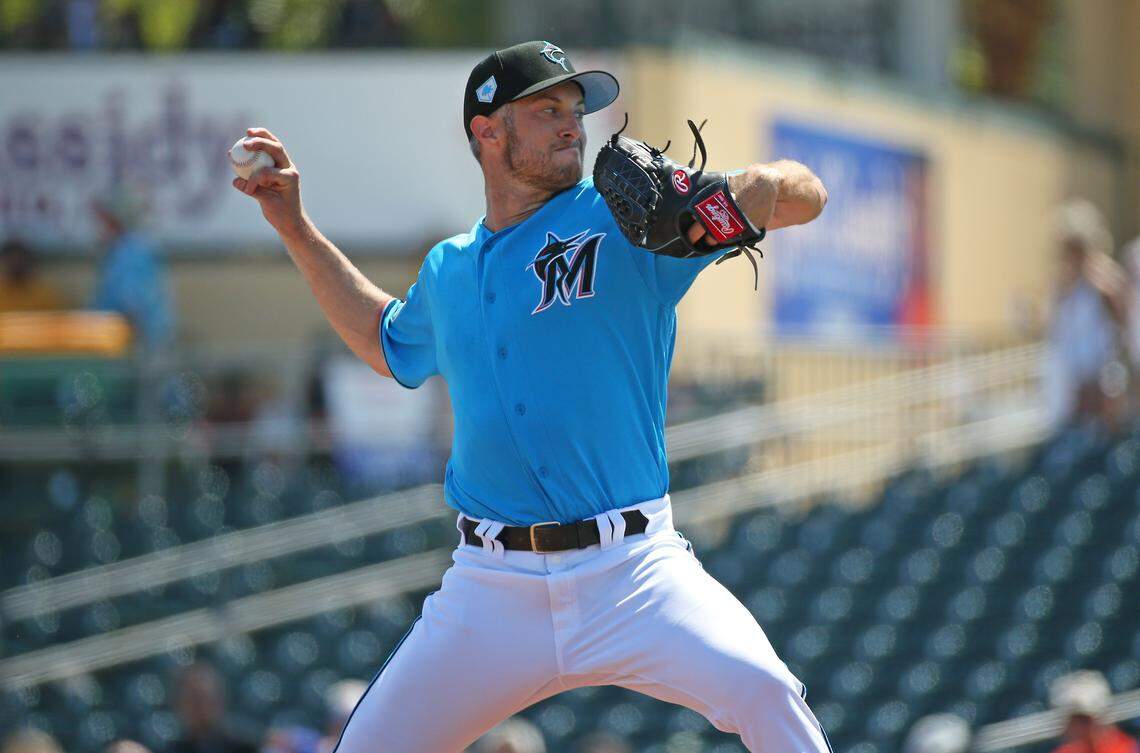 Miami Marlins pitcher Trevor Richards (36) pitches during the first inning of a Major League Baseball spring training game against the New York Mets at the Roger Dean Chevrolet Stadium on Tuesday, March 12, 2019 in Jupiter, FL.