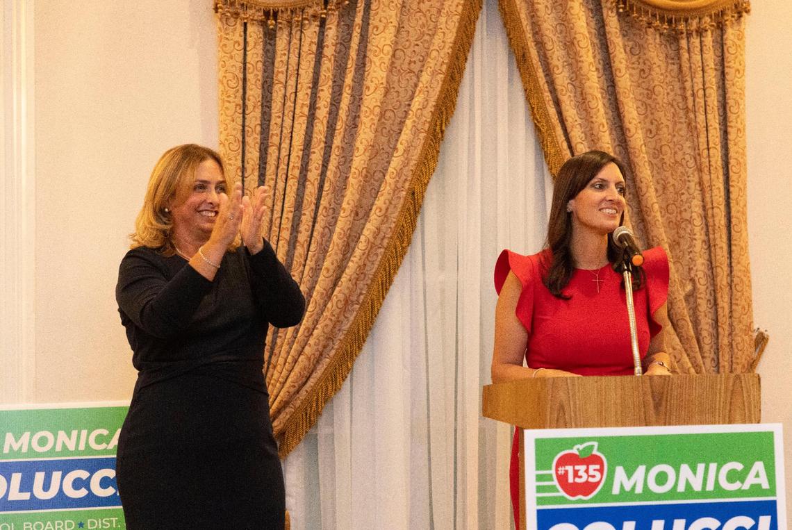 Florida Lieutenant Governor Nuñez, right, speaks in support of the apparent victory of Monica Colucci during Colucci’s watch party at the Renaissance Ballrooms on Tuesday, Aug. 23, 2022, in West Miami. As of late Tuesday, Colucci won more than 50 percent of the vote in the Miami-Dade School Board District 8 race against longtime incumbent Marta Perez. Colucci was endorsed by Gov. DeSantis.