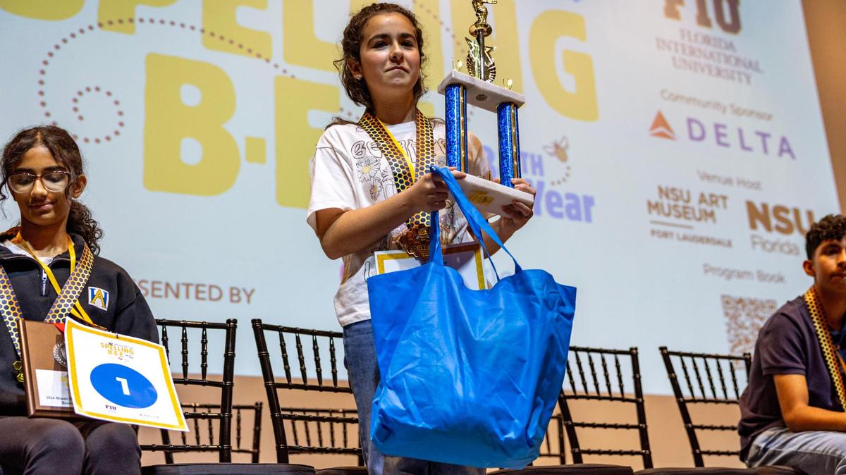 Fifth grader Jasmine Perez from Bayview Elementary School reacts after winning the Miami Herald Broward County Spelling Bee by spelling “huckleberry” and “merriment” at NSU Art Museum in Fort Lauderdale, Florida on Thursday, March 7, 2024.