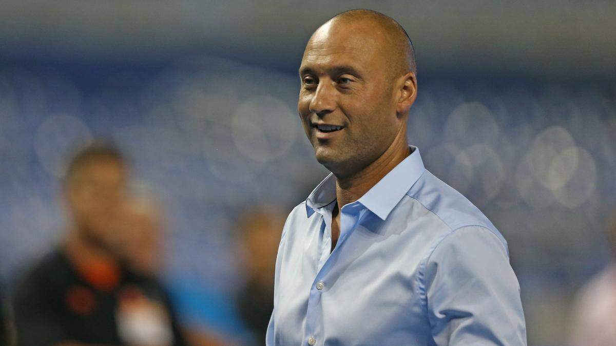 Miami Marlins Chief Executive Officer Derek Jeter looks on before the start during of a Major League Baseball game against Los Angeles Dodgers at Marlins Park in Miami on Wednesday, August 14, 2019.