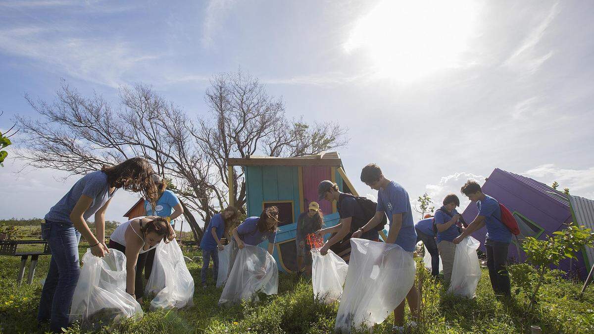 Kids pick up garbage during International Coastal Cleanup Day at Virginia Key Beach Park.
