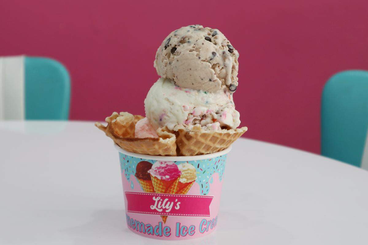 A scoop of Wolverine Delight atop a scoop of Kinderella at Lily’s Ice Cream, opening in North Miami.