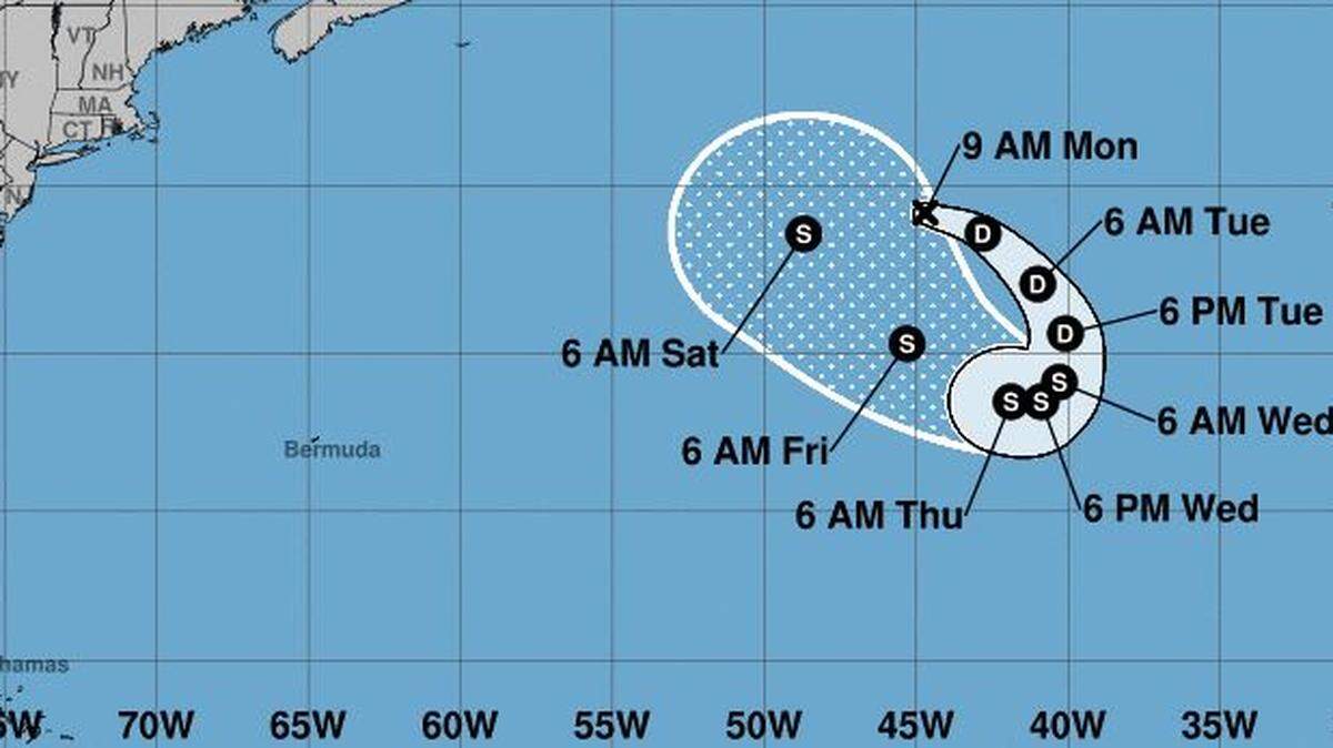 The map showing the location of Subtropical Depression Don as of 9 a.m. Monday