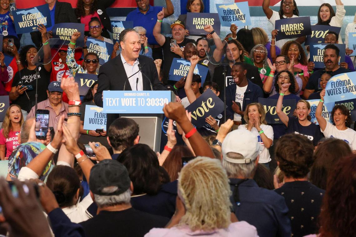 Second Gentleman Douglas Emhoff gives his remarks during a “Get Out the Early Vote rally at the Austin Hepburn Center at OB Johnson Park & Recreation Center in Hallandale Beach, Florida on Wednesday, October 23, 2024.