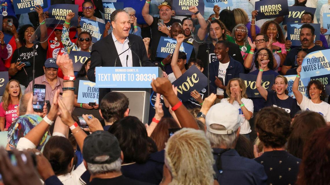 Second Gentleman Douglas Emhoff gives his remarks during a “Get Out the Early Vote rally at the Austin Hepburn Center at OB Johnson Park & Recreation Center in Hallandale Beach, Florida on Wednesday, October 23, 2024.