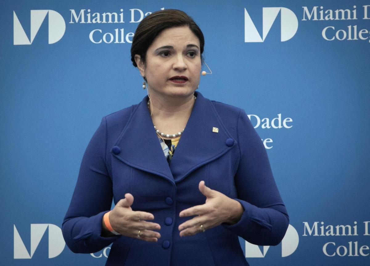 Dr. Lenore Rodicio speaks during a presentation at Miami Dade College on Thursday, the first day of two days that four finalists for the president’s position of Miami Dade College presented their visions to the faculty and Board of Trustees. Rodicio, the provost and executive vice president of MDC, is the only internal candidate in the running.