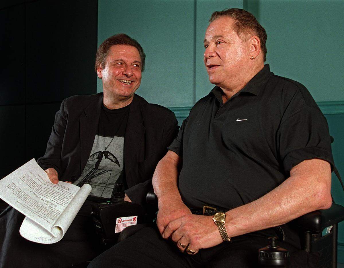 Director Joseph Bologna (left) and actor Art Metrano (right) sit together at the Coconut Grove Playhouse on Nov. 7, 2011, where Metrano performed “Metrano’s Accidental Comedy.”