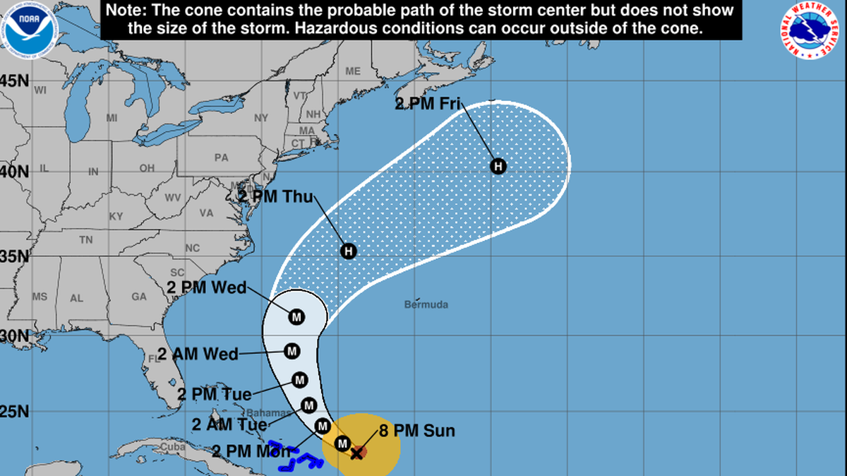 The forecasted track of Hurricane Erin as of 8 p.m. Sunday.