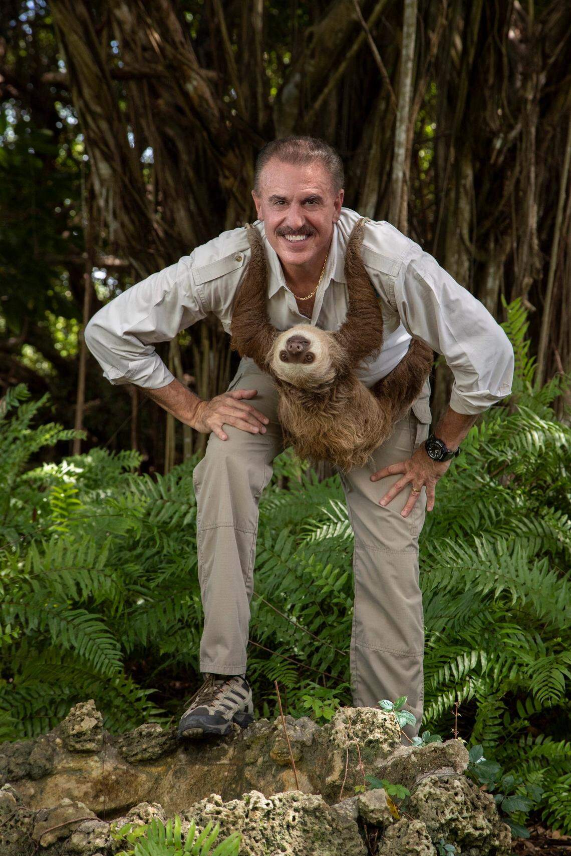 The female sloth Penelopete, a sluggish tree-dweller from the tropical rain forest, holds onto the neck of Zoo Miami’s Ron Magill on September 22, 2021. Magill and Zoo Miami will both soon celebrate 40 years in Kendall. Spokesman, ambassador and animal expert Magill has been there since it opened.
