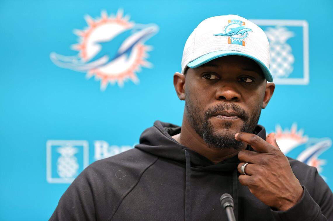 Miami Dolphins head coach Brian Flores talks to the media before practice at Baptist Health Training Complex in Hard Rock Stadium on Wednesday, October 20, 2021 in Miami Gardens, Florida, in preparation for their game against the Atlanta Falcons at Hard Rock Stadium on Sunday, October 24.
