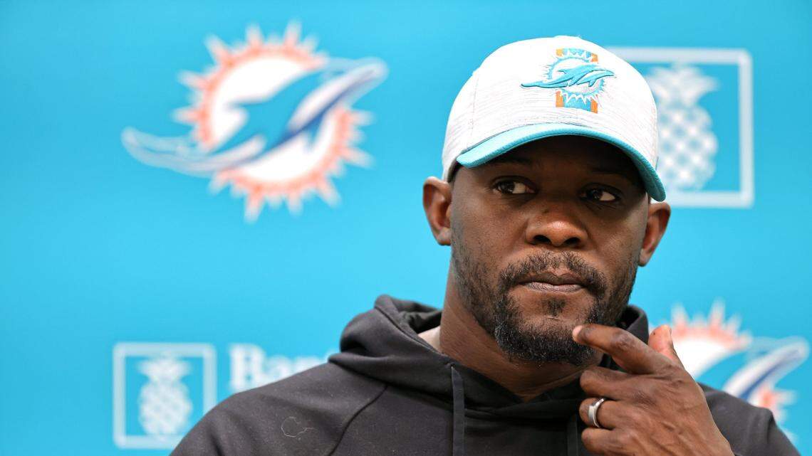Miami Dolphins head coach Brian Flores talks to the media before practice at Baptist Health Training Complex in Hard Rock Stadium on Wednesday, October 20, 2021 in Miami Gardens, Florida, in preparation for their game against the Atlanta Falcons at Hard Rock Stadium on Sunday, October 24.