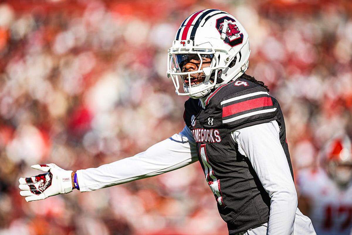 COLUMBIA, SOUTH CAROLINA - NOVEMBER 29: Vandrevius Jacobs #4 of the South Carolina Gamecocks lines up for a play during the second half of a football game against the Clemson Tigers at Williams-Brice Stadium on November 29, 2025 in Columbia, South Carolina. (Photo by David Jensen/Getty Images)