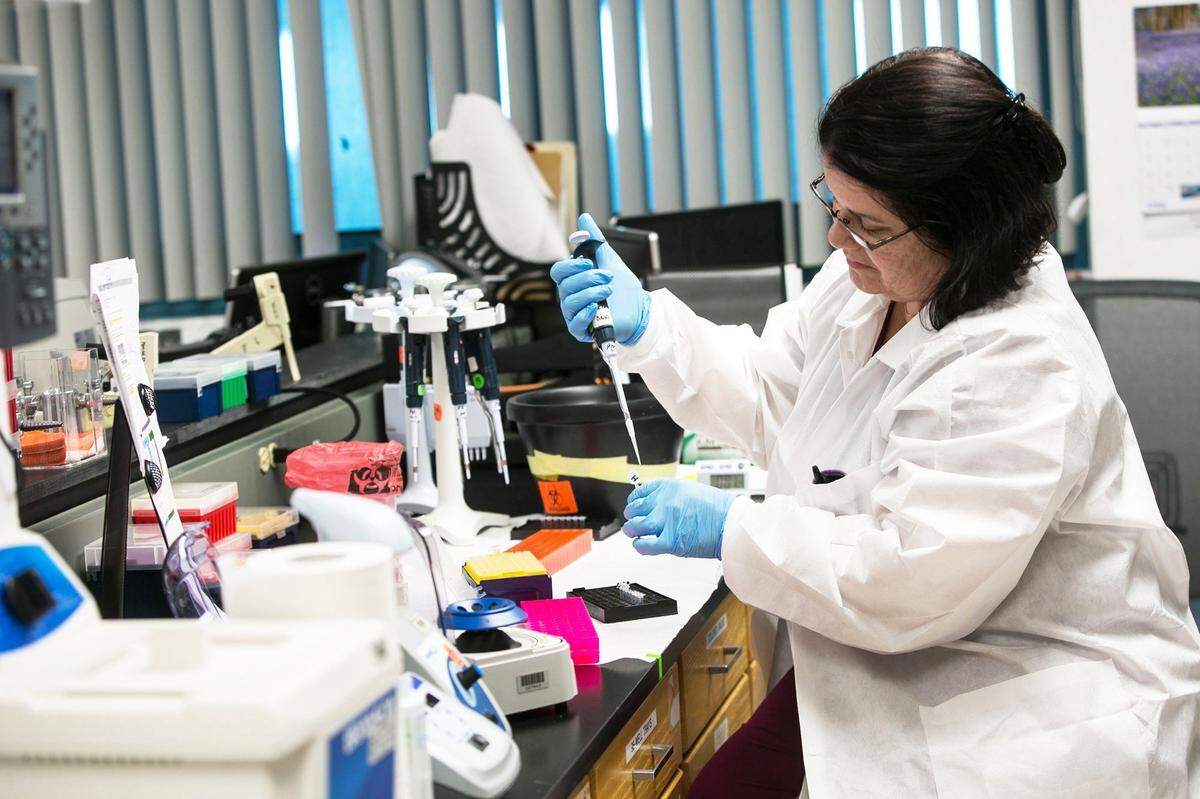 Heliana Valdes, a molucelar genetics technologist at Miami Genetic Laboratories at Nicklaus Children's Hospital, works on a DNA sample.