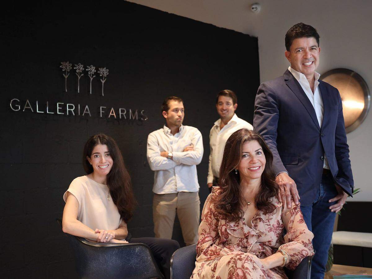 Galleria, a family-run company, is a client of Professional Bank. Shown here at the company’s Doral headquarters are, from left: Kelly Valencia, daughter, director of business strategy and planning; sons Andres Valencia, director of E-commerce, and Mauricio Valencia, VP of sales; Yolanda Valencia, director of human resources and corporate philanthropy; and German Valencia, who is president and CEO of Galleria Farms.
