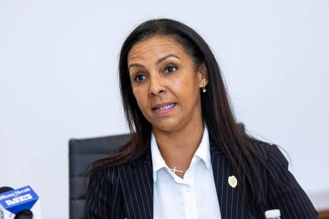 Candidate for Miami-Dade Sheriff Rosie Cordero-Stutz speaks with the Miami Herald’s Editorial Board at the Herald newsroom on Tuesday, Sept. 10, 2024, in Miami.