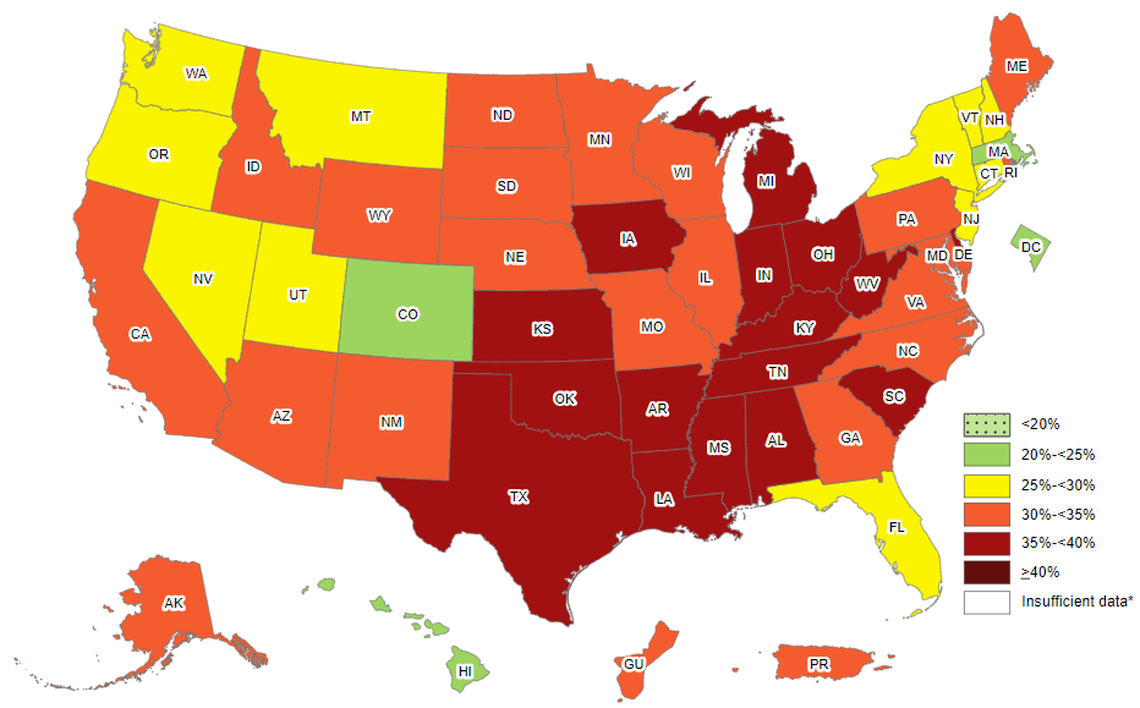 Texas joins a list of 16 states that now have an adult obesity prevalence at or above 35%, according to the Centers for Disease Control and Prevention.
