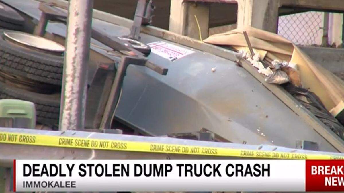 Screen grab from WESH2 broadcast. Collier County and Hendry County sheriff’s say a dump truck was stolen in Immokalee, Florida and led officers on a chase on State Road 29. The thief crashed into two other vehicles, injuring one driver, on May 19, 2021.
