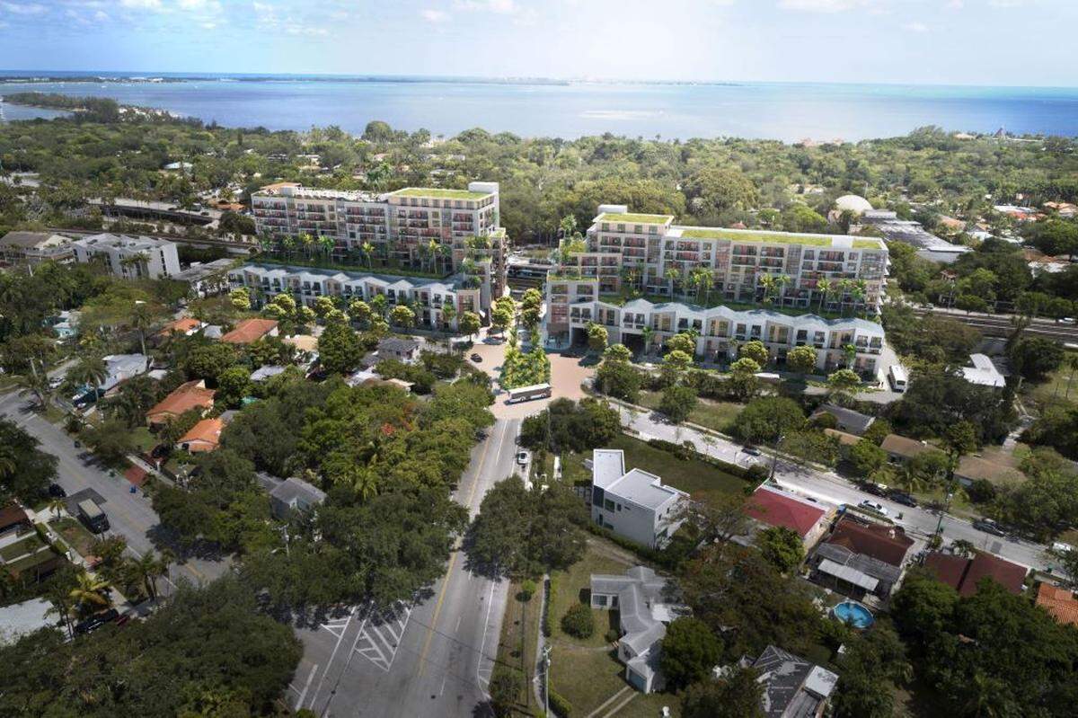 A rendering depicts a redevelopment proposal for the Vizcaya Metroral station by 13th Floor Investments and the Adler Group in Miami’s The Roads neighborhood.