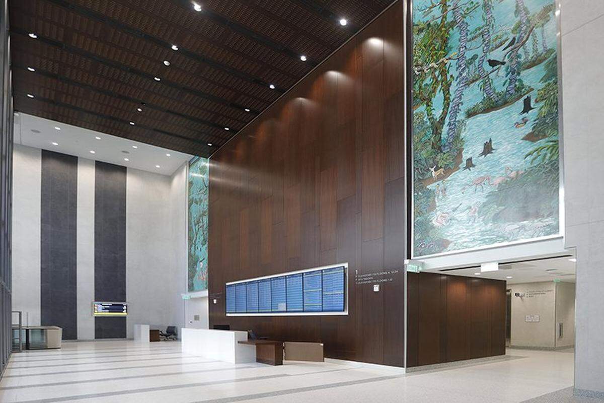 "Everglades Echo," the 20-foot commissioned mural by Miami-based artist Jillian Mayer adorns the reception lobby wall of the Osvaldo N. Soto Miami-Dade Justice Center, the new courthouse in downtown Miami, on November 7th., 2025.