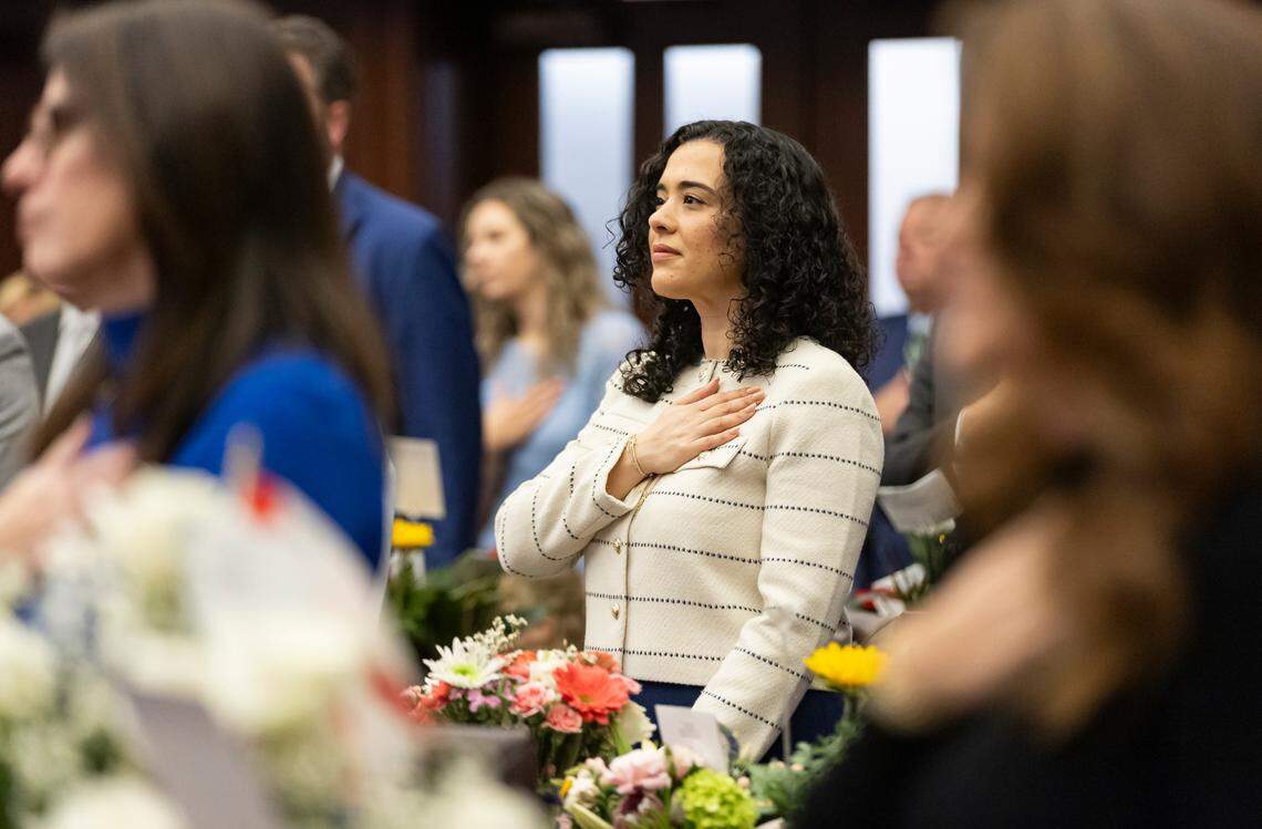 Sen. Alexis Calatayud, R-Miami, listens to the Pledge of Allegiance during the first day of the legislative session at the Florida State Capitol on Tuesday, March 4, 2025, in Tallahassee, Fla.