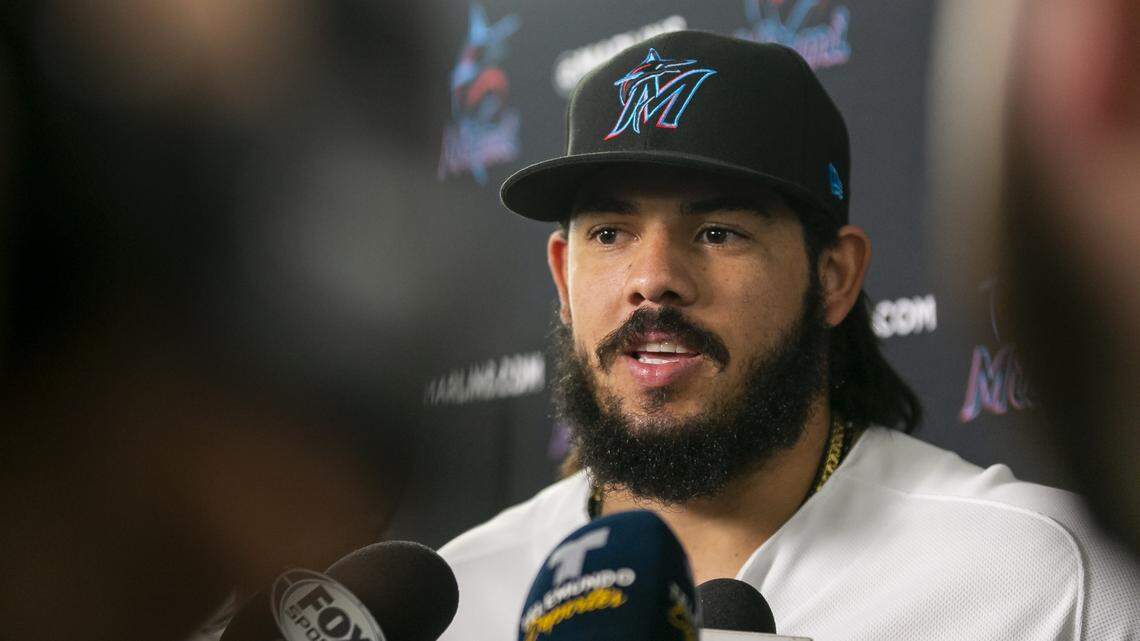Miami Marlins catcher Jorge Alfaro talks to the press during the 2019 FanFest at Marlins Park in Little Havana on Saturday, February. 9, 2019.