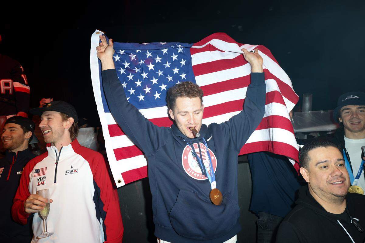 MIAMI, FLORIDA - FEBRUARY 23: Jake Sanderson and Matthew Tkachuk attend a celebration of the USA Men's Hockey Team's Olympic Gold at E11EVEN Miami on February 23, 2026 in Miami, Florida.  (Photo by Alexander Tamargo/Getty Images for E11EVEN Miami)