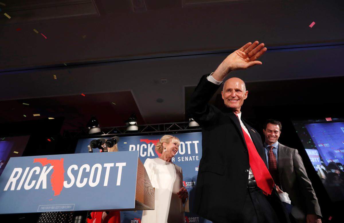 Rick Scott claims victory prematurely after the Nov. 6 midterm election, in which he ran for the U.S. Senate against incumbent Bill Nelson. The race appears headed for a recount.