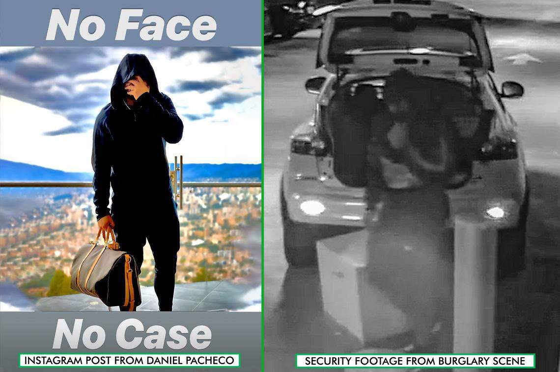 At left, an photo posted on Instagram by defendant Daniel Pacheco. At right is a still from a burglary scene; prosecutors believe Pacheco is the burglar.