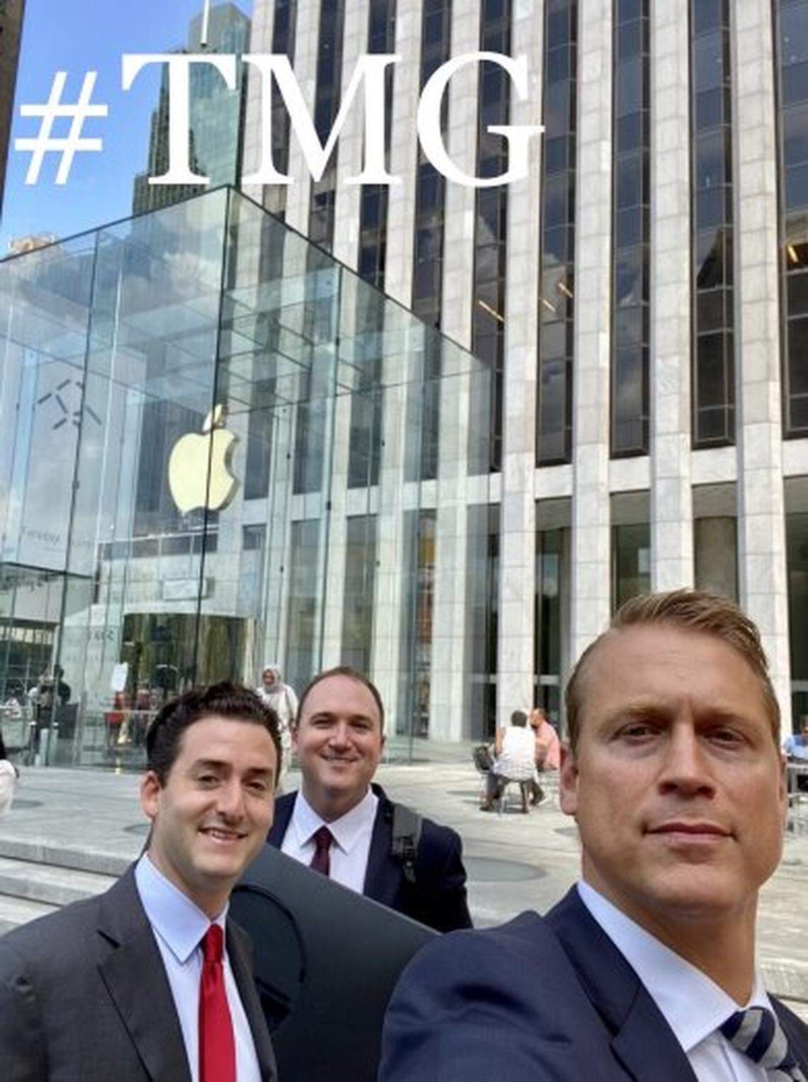 Trump Media & Technology Group investors and backers Wes Moss, Andrew Dean Litinsky and William Wilkerson pose for a selfie in New York City. Wilkerson has filed a whistleblower complaint with the SEC alleging securities violations involving the Trump Media and Digital World merger.
