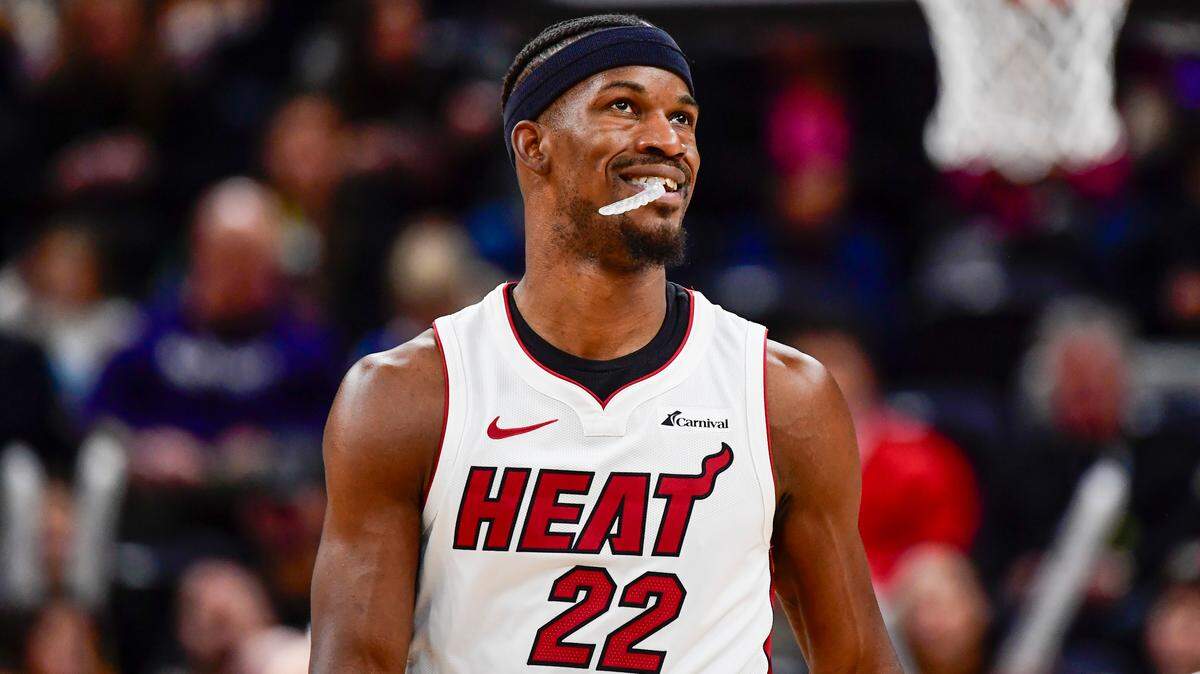 Miami Heat forward Jimmy Butler (22) reacts after a call against the Utah Jazz during the second half at Vivint Arena.