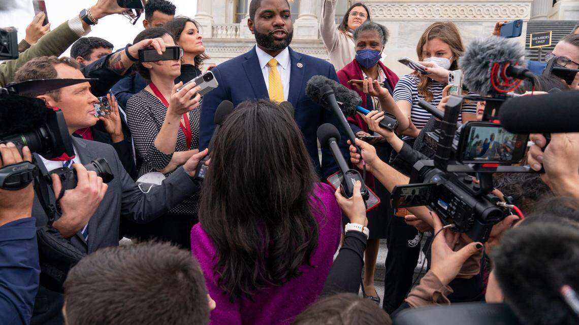 Rep. Byron Donalds, R-Fla., who has been nominated for Speaker of the House, speaks to members of the media on the House steps, Wednesday, Jan. 4, 2023, on Capitol Hill in Washington.
