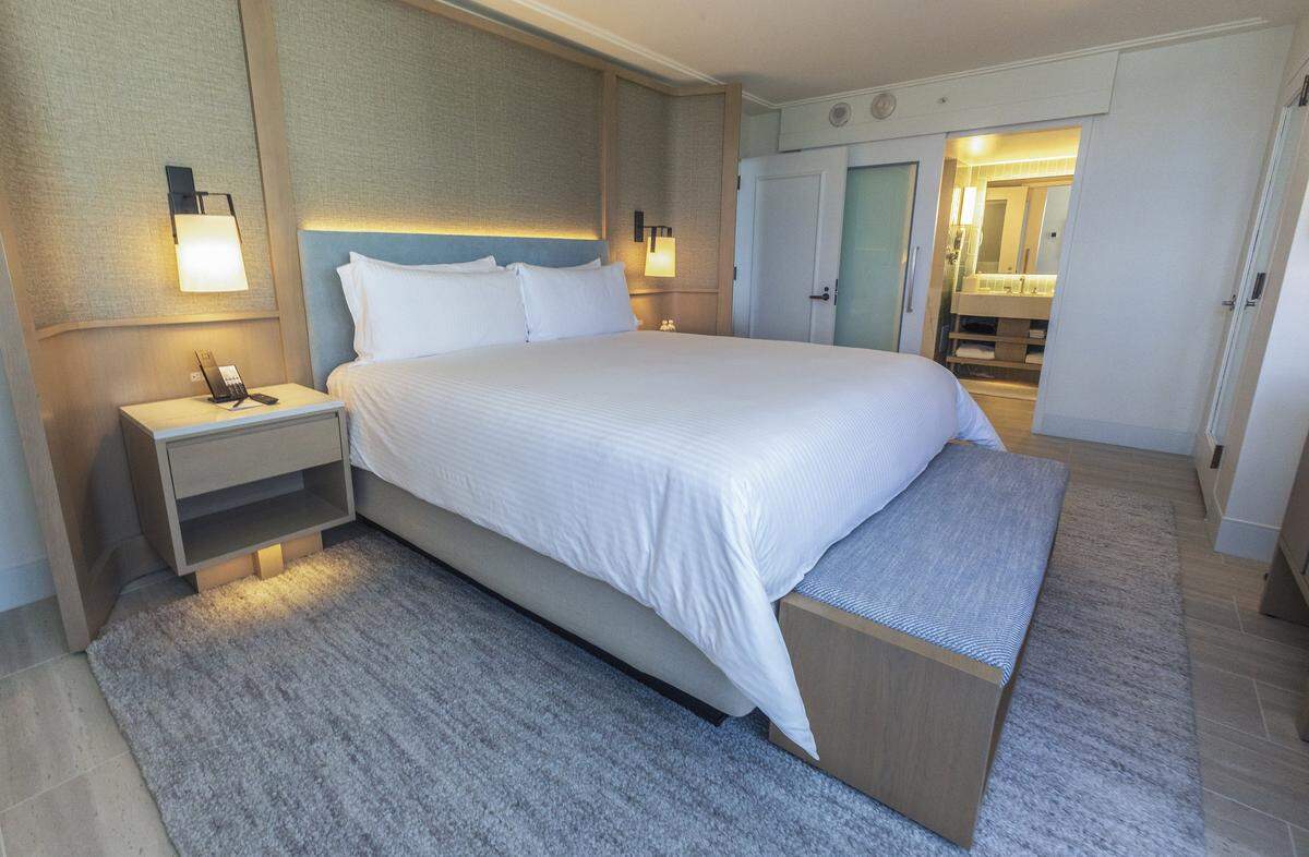 View of a recently upgraded bedroom at a Grand King guest room at the Loews Miami Beach Hotel. 