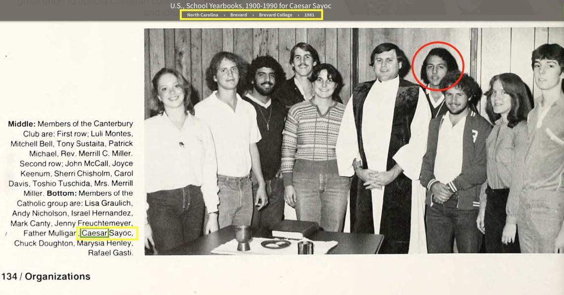 A photo of the Brevard College Catholic club shows Cesar Sayoc (circled in red). Sayoc graduated from North Miami Beach Senior High in 1980. Police arrested Sayoc, 56, on Friday for allegedly mailing pipe bombs to prominent Democrats.