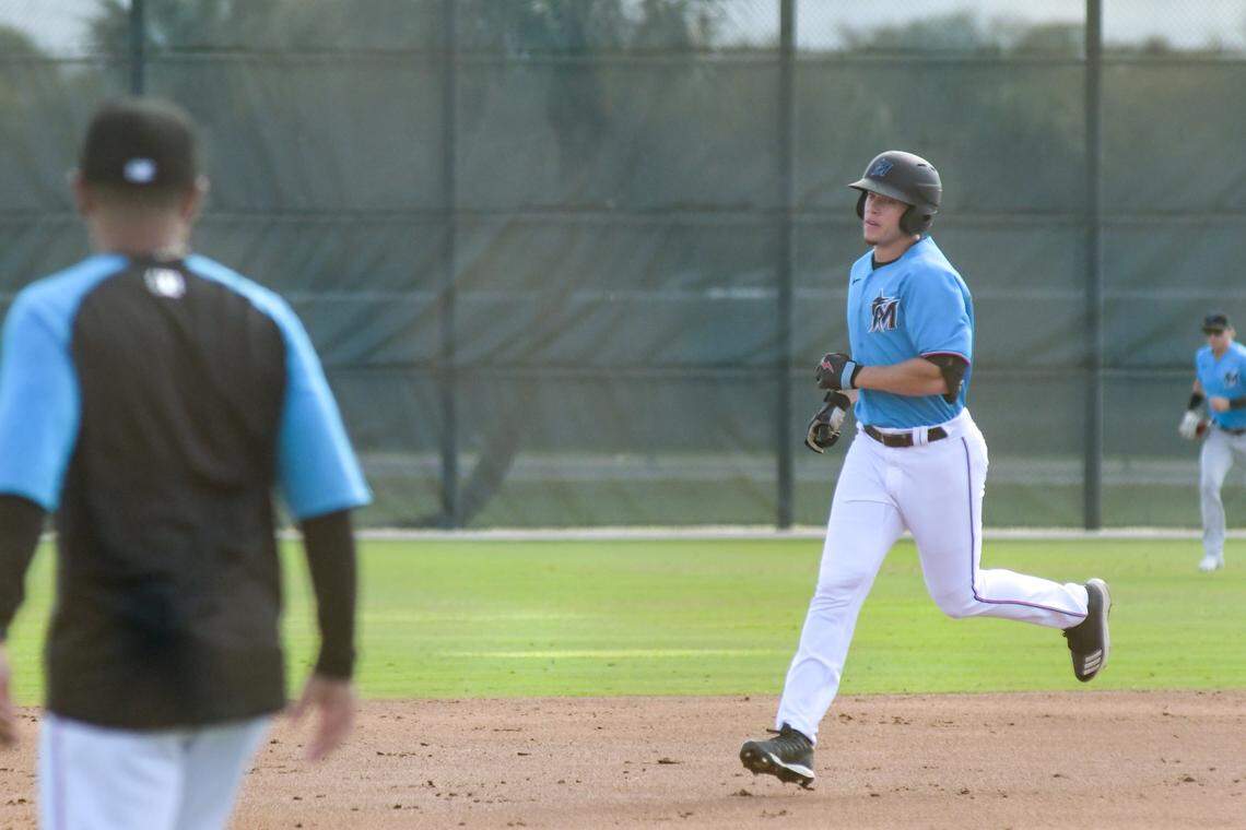 Miami Marlins outfielder prospect Noah Williamson runs the bases after hitting a home run during a simulated game on Saturday, Feb. 12, 2022, at the Roger Dean Chevrolet Stadium complex in Jupiter, Florida.