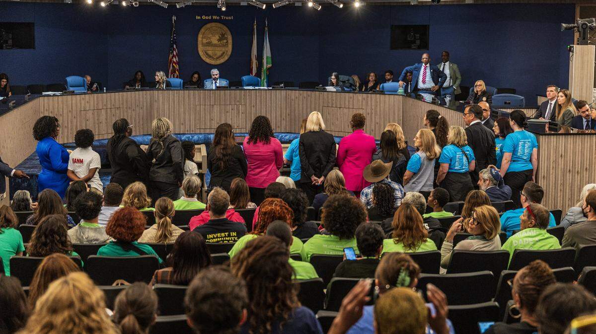 A group of residents took turn to speak after Mayor Daniella Levine Cava presented her $12.9 billion spending proposal, during the final budget meeting at the County Commission Chambers, on Thursday September 18, 2025.