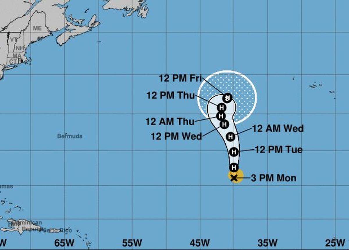 The projected path of Tropical Storm Margot as of 11 a.m., Monday, Sept. 11.