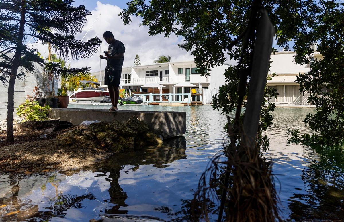A man stands near an overflowing canal in Miami Beach on Oct. 30, 2023, the highest king tide of the year for South Florida.