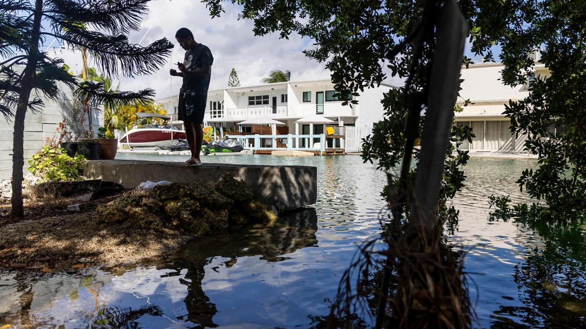 A man stands near an overflowing canal in Miami Beach on Oct. 30, 2023, the highest king tide of the year for South Florida that flooded streets, driveways and parks. Major projects to raise roads and prevent flooding in two neighborhoods in the city have stalled.
