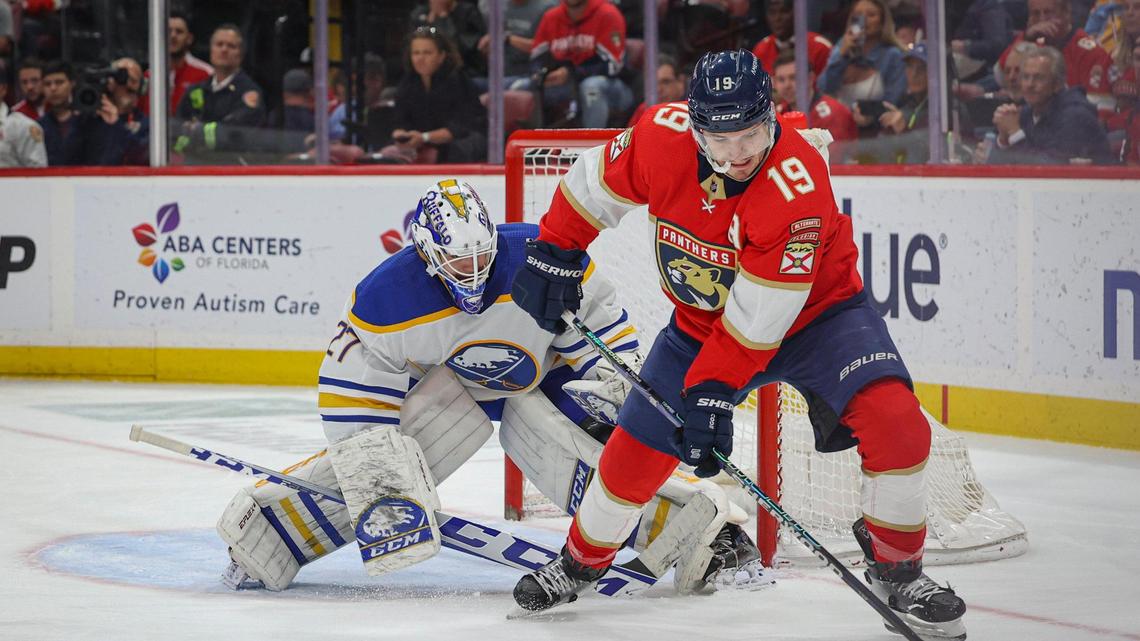 Florida Panthers left wing Matthew Tkachuk (19) attempts to turn and score during the first period of an NHL game between the Florida Panthers and the Buffalo Sabres on Tuesday, April 4, 2023, at FLA Live Arena in Sunrise, Fla.