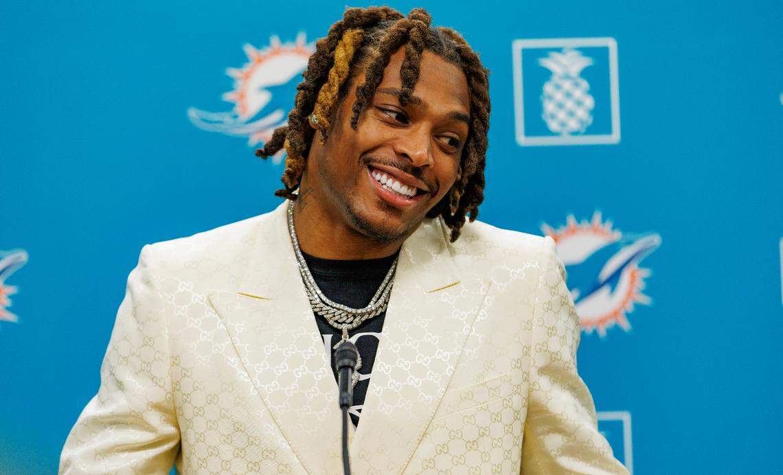 New Miami Dolphins cornerback Jalen Ramsey speaks at his introductory press conference at Baptist Health Training Complex in Hard Rock Stadium on Thursday, March 16, 2023 in Miami Gardens, Florida.