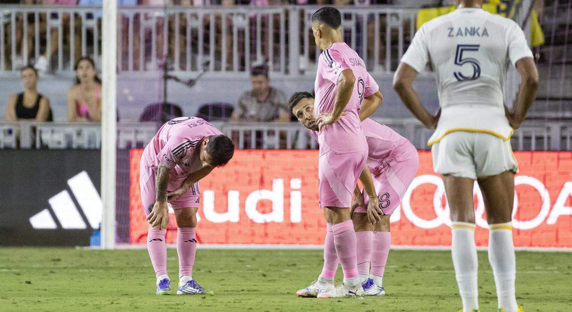 Inter Miami forward Lionel Messi (10) grabs his right leg in the second half of his MLS match against Los Angeles Galaxy at Chase Stadium on Saturday, Aug. 16, 2025, in Fort Lauderdale, Fla.