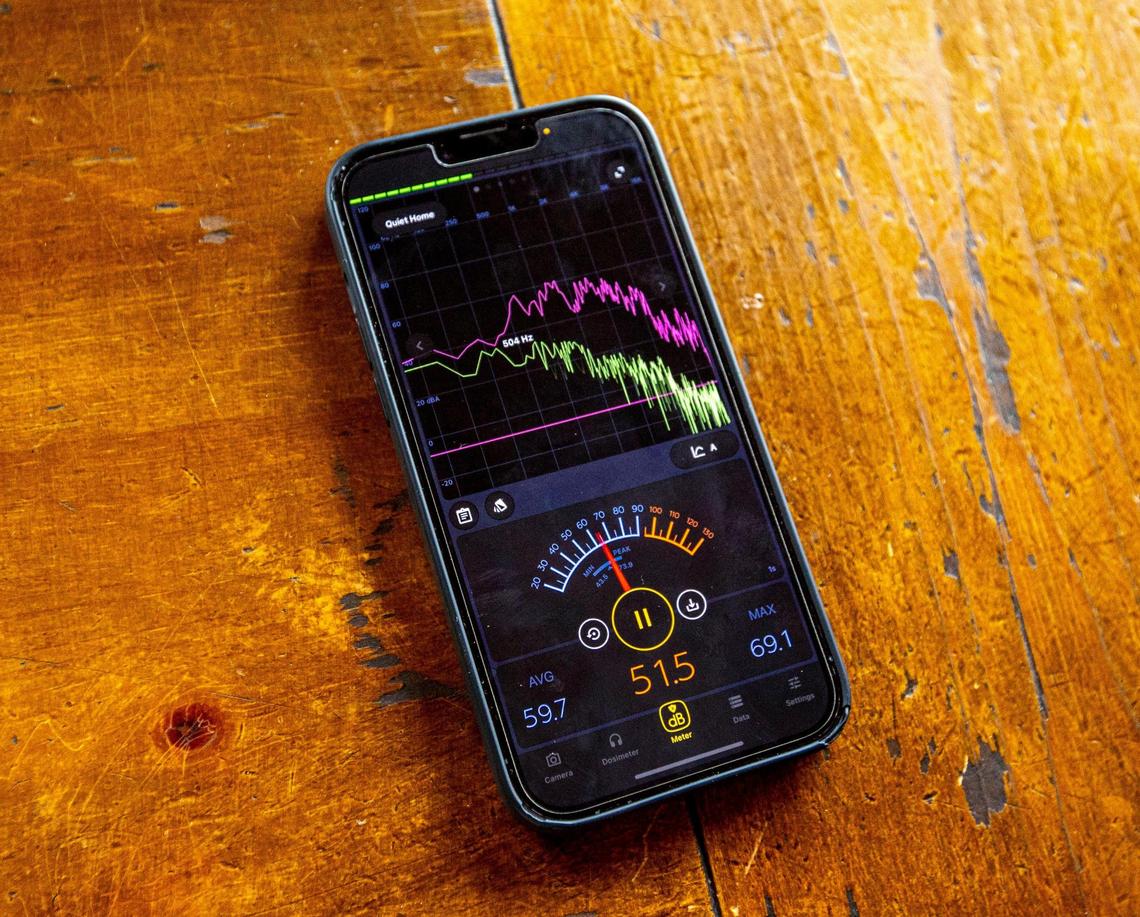 An Iphone 13 opened to the ‘Decibel X’ application meant to turn your mobile device into a professional sound level meter, precisely measuring sound pressure level around the phone, records the noise level inside Miami Gardens resident Janice Marshall’s home near the turnpike and the newly constructed Miami International Autodrome built around Miami Hard Rock Stadium to accommodate the F1 Miami Grand Prix, during the practice day leading up to the actual race on Friday, May 6, 2022. Marshall at first had her reservations about the race taking place so close to her residence, but after day one of practice sessions led to no extra noise she declared it another normal day.