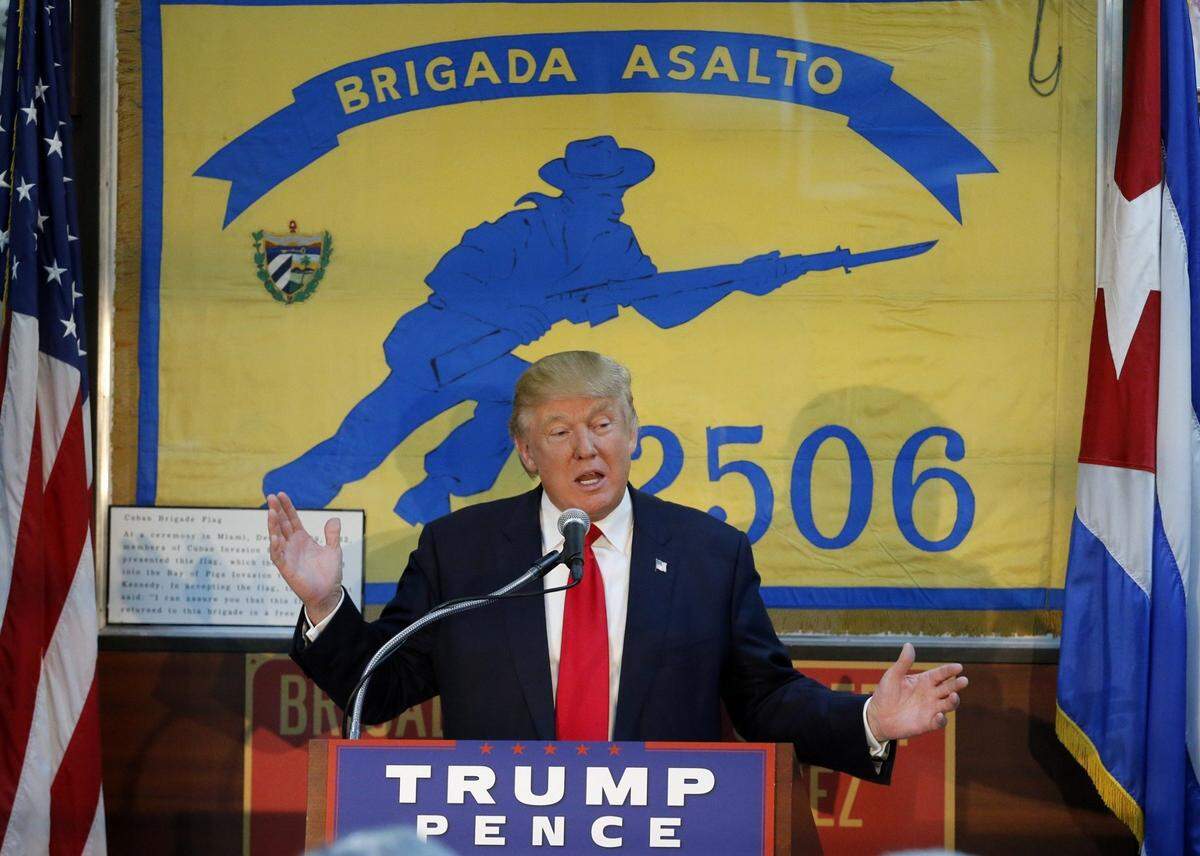 Donald Trump visits the Bay of Pigs museum and addresses the Brigade 2506 veterans group in October 2016.