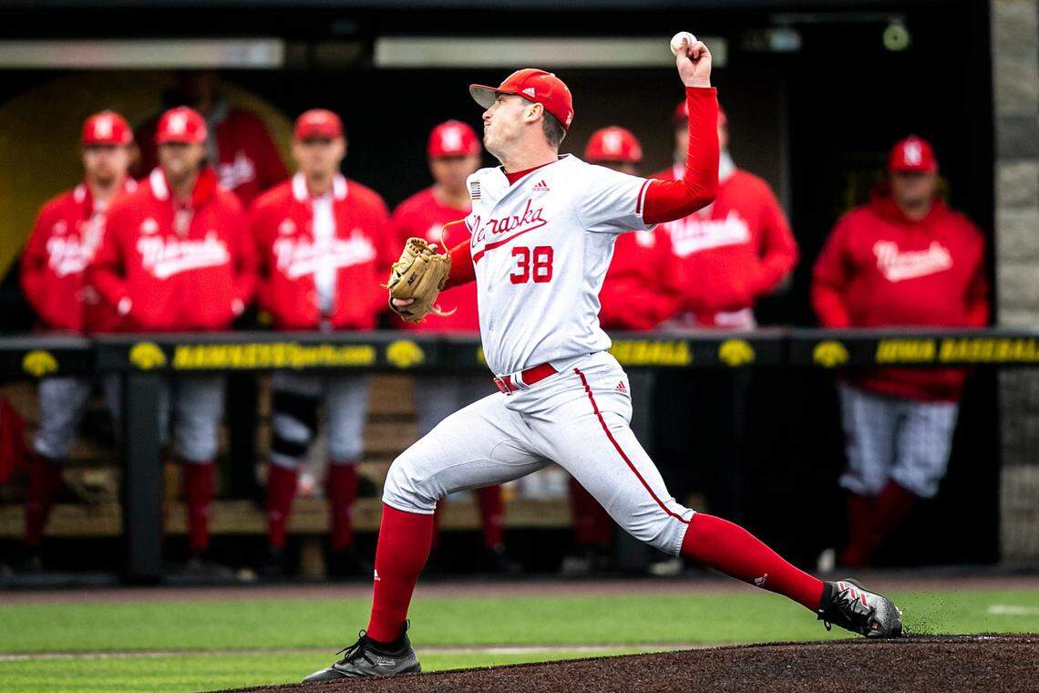 Nebraska’s Emmett Olson delivers a pitch during a NCAA Big Ten Conference baseball game against Iowa, Friday, April 21, 2023, at Duane Banks Field in Iowa City, Iowa.