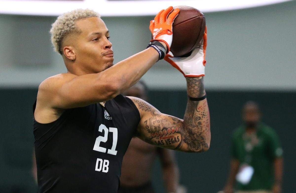 Former Miami Hurricanes safety, Bubba Bolden, performs for scouts at Pro Day at the University of Miamis Carol Soffer Indoor Practice Facility in Coral Gables on Wednesday, March 30, 2022, ahead of the 2022 NFL Draft.