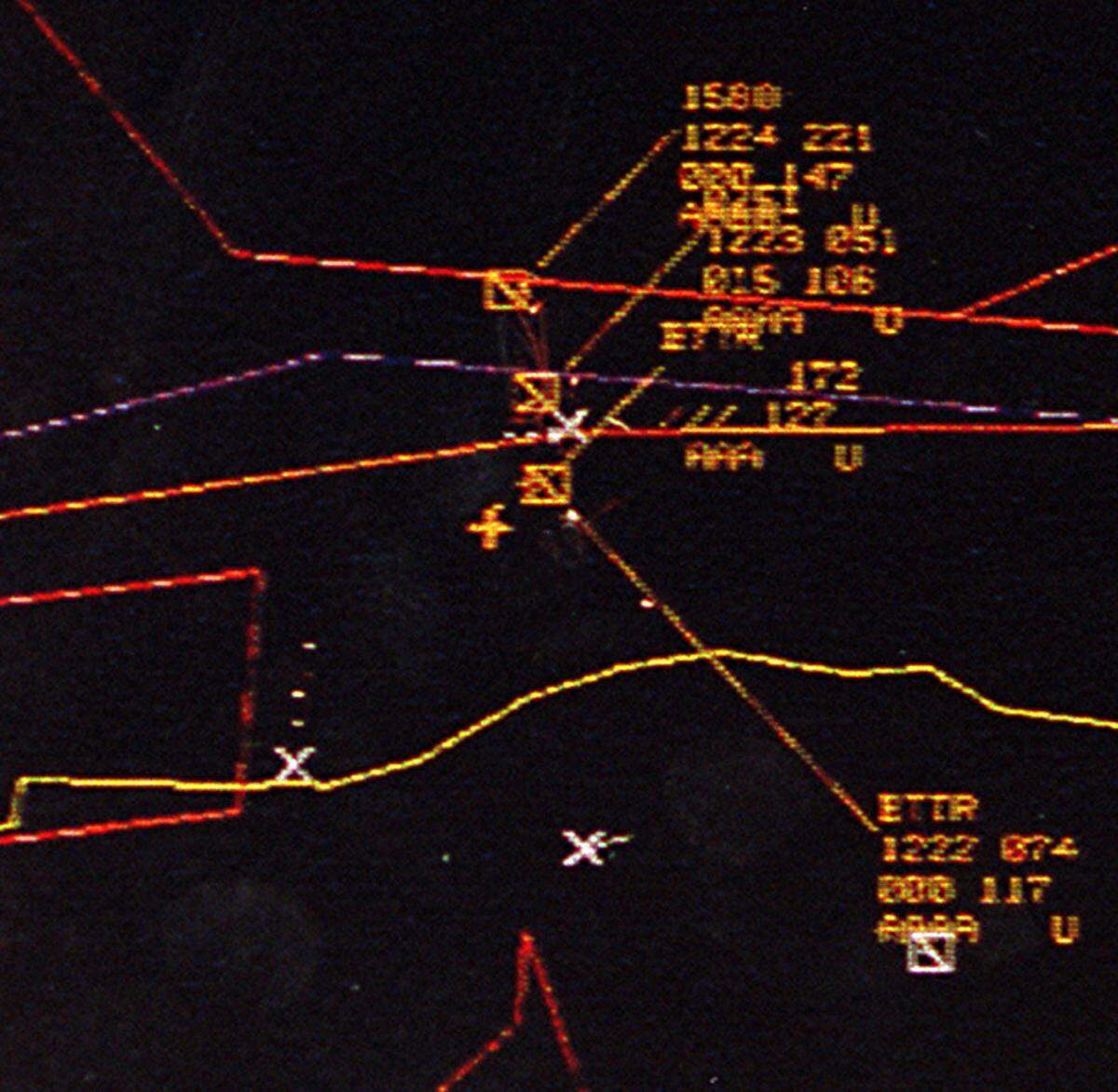 A copy of a screen print from U.S. Customs radar showing the moment that Cuban MIG shoots down the first Brothers to the Rescue Plane. Balsulto’s plane is the bottom of three orange boxes and is inside the Cuban Air Defense identification zone but was turning north. The white X is a MIG shooting down the first plane, north of Balsulto’s.